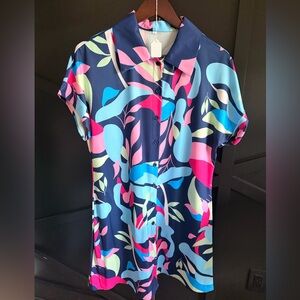 Button-Front Floral Abstract Navy Cap-Sleeve Top